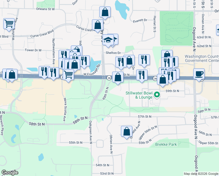 map of restaurants, bars, coffee shops, grocery stores, and more near 14151 60th Street North in Stillwater