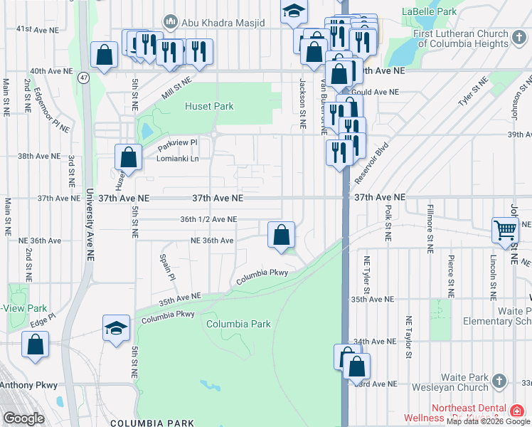 map of restaurants, bars, coffee shops, grocery stores, and more near 740 36th 1/2 Avenue Northeast in Minneapolis