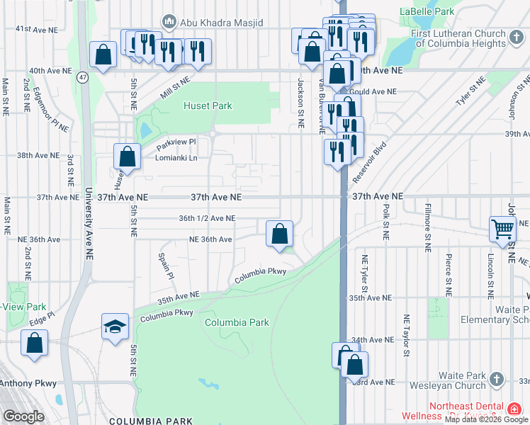 map of restaurants, bars, coffee shops, grocery stores, and more near 740 36th 1/2 Avenue Northeast in Minneapolis
