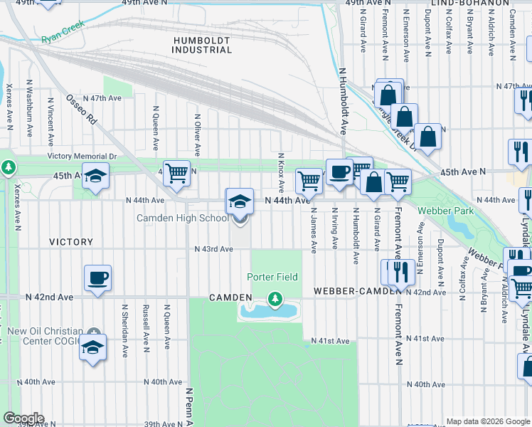 map of restaurants, bars, coffee shops, grocery stores, and more near 4338 North Morgan Avenue in Minneapolis
