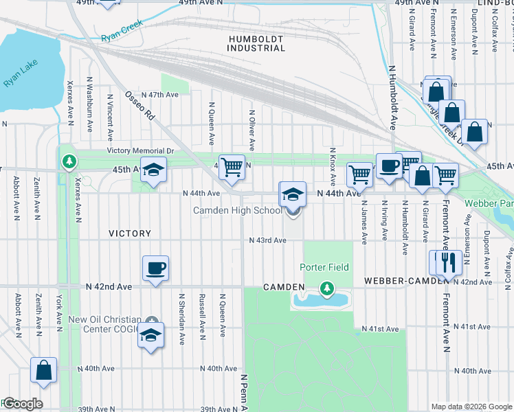 map of restaurants, bars, coffee shops, grocery stores, and more near 4339 North Oliver Avenue in Minneapolis