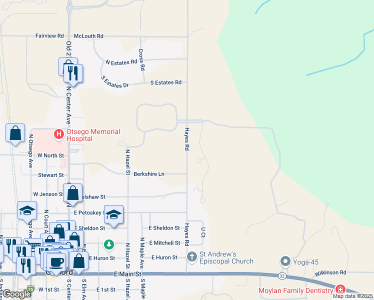 map of restaurants, bars, coffee shops, grocery stores, and more near 187 Hayes Road in Gaylord