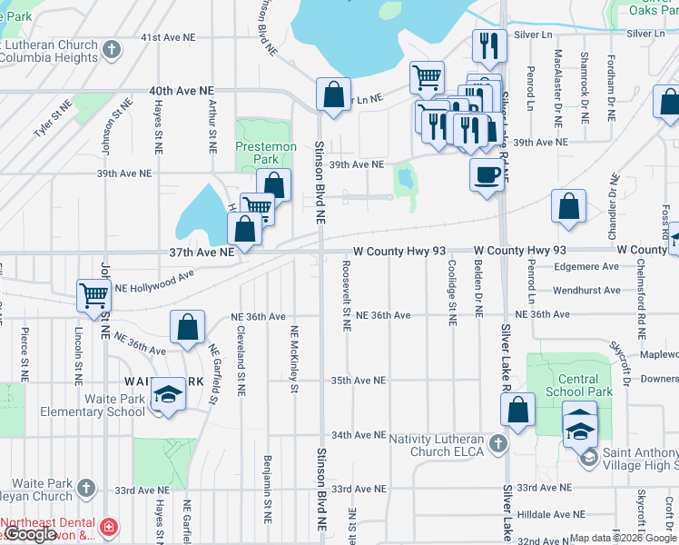 map of restaurants, bars, coffee shops, grocery stores, and more near 3625 Northeast Stinson Boulevard in Minneapolis