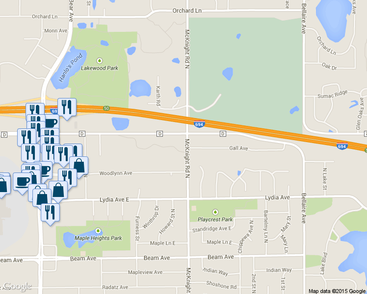 map of restaurants, bars, coffee shops, grocery stores, and more near 3095 McKnight Road North in Maplewood