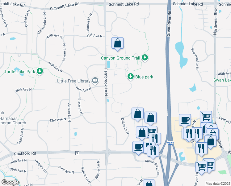 map of restaurants, bars, coffee shops, grocery stores, and more near 14285 43rd Avenue North in Minneapolis