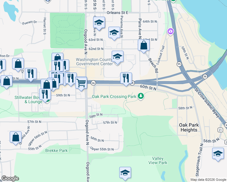 map of restaurants, bars, coffee shops, grocery stores, and more near 5873 Oxboro Avenue North in Stillwater