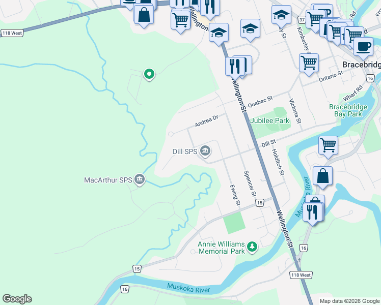map of restaurants, bars, coffee shops, grocery stores, and more near 266 Dill Street in Bracebridge