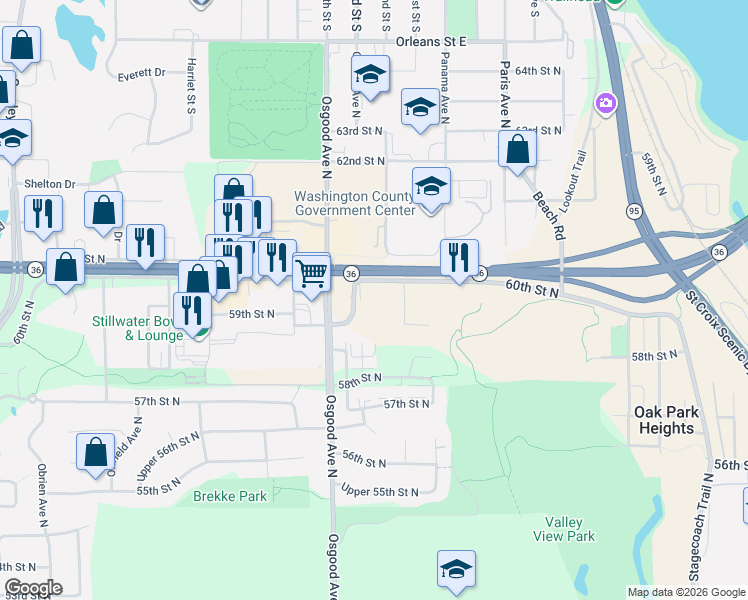 map of restaurants, bars, coffee shops, grocery stores, and more near 5922 Oxboro Avenue North in Stillwater