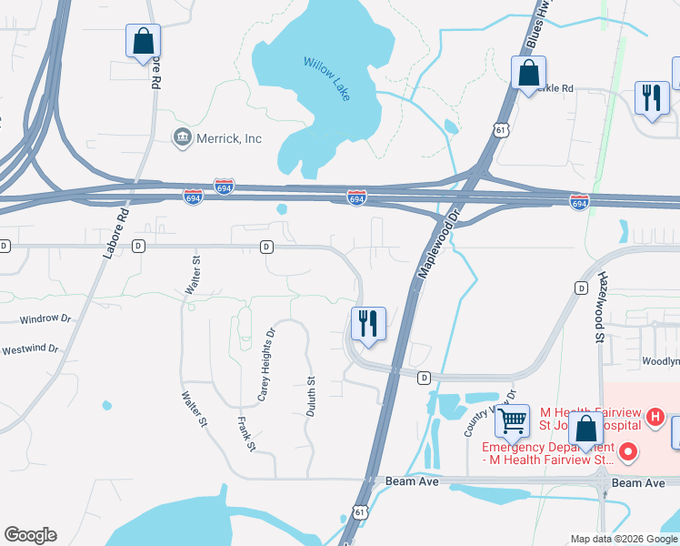 map of restaurants, bars, coffee shops, grocery stores, and more near 1240 County Road D East in Maplewood