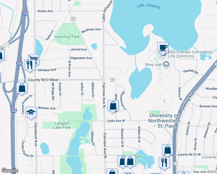 map of restaurants, bars, coffee shops, grocery stores, and more near 3080 Fairview Avenue North in Roseville