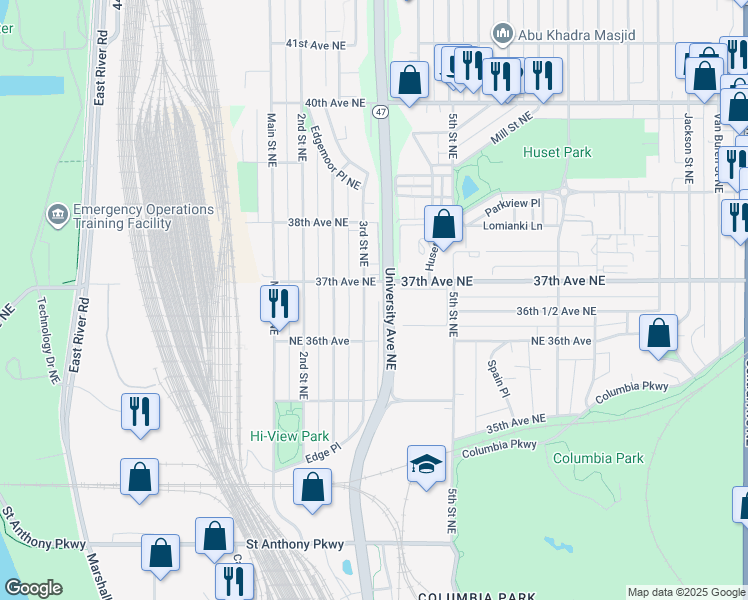 map of restaurants, bars, coffee shops, grocery stores, and more near 3622 3rd Street Northeast in Minneapolis