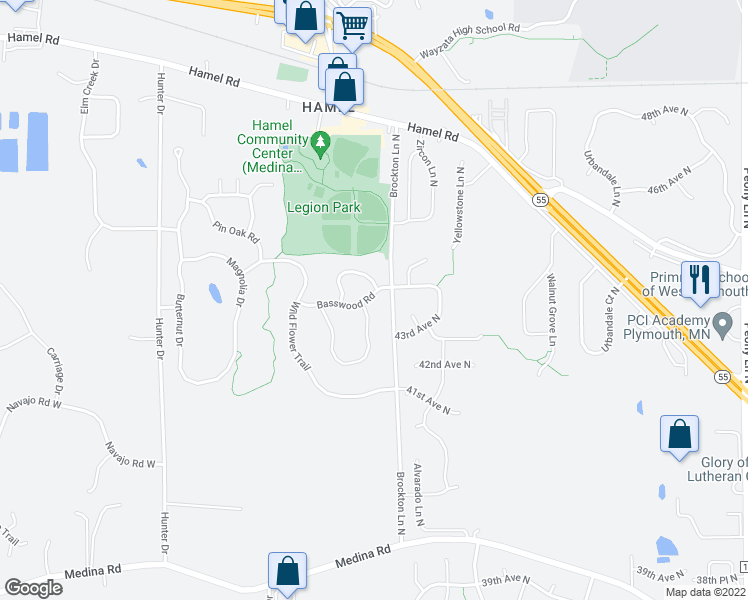 map of restaurants, bars, coffee shops, grocery stores, and more near 3084 Willow Drive North in Medina