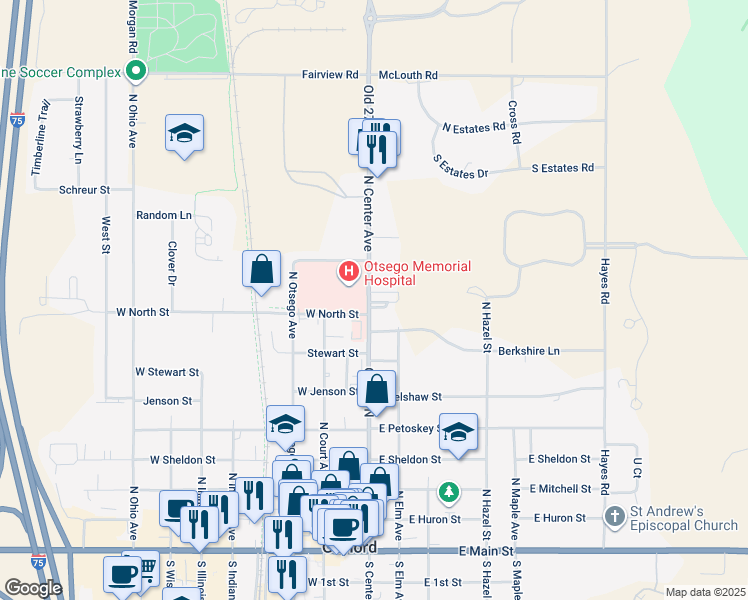 map of restaurants, bars, coffee shops, grocery stores, and more near 860 North Center Avenue in Gaylord