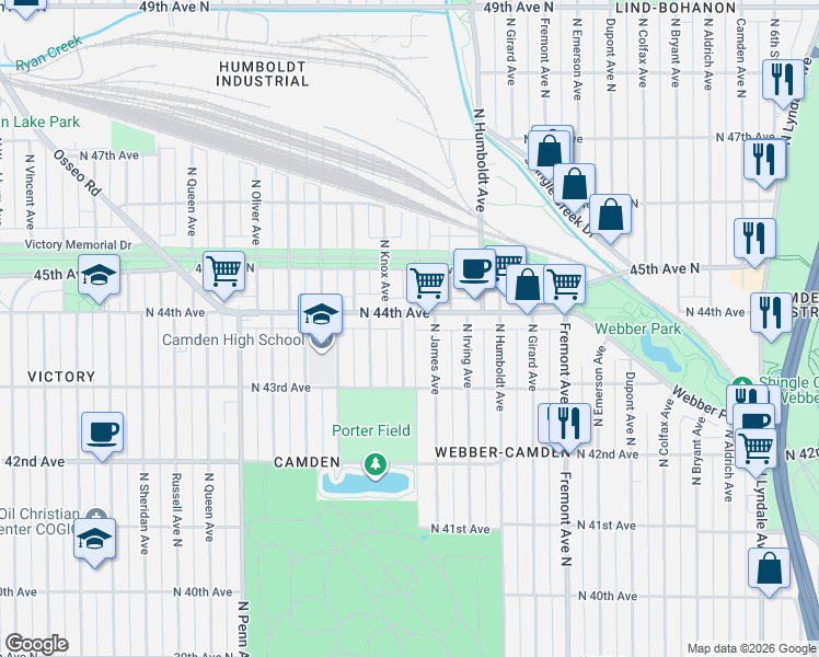 map of restaurants, bars, coffee shops, grocery stores, and more near 4339 North James Avenue in Minneapolis