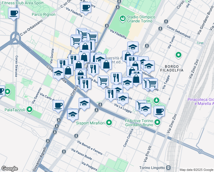 map of restaurants, bars, coffee shops, grocery stores, and more near 1 Via Buenos Aires in Torino