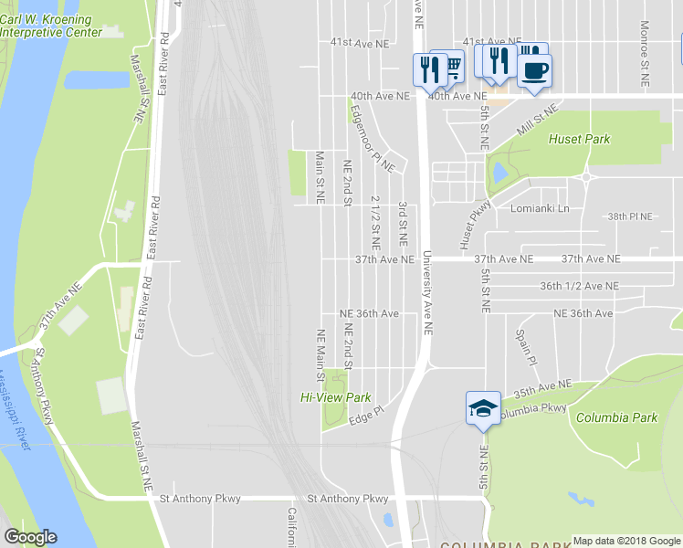 map of restaurants, bars, coffee shops, grocery stores, and more near 3646 Northeast 2nd Street in Minneapolis