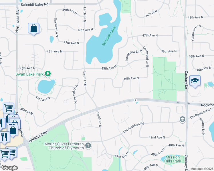 map of restaurants, bars, coffee shops, grocery stores, and more near 4345 Jonquil Lane North in Plymouth