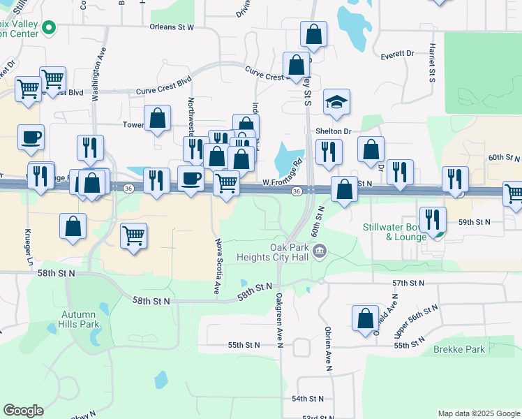 map of restaurants, bars, coffee shops, grocery stores, and more near 5899 Nova Scotia Avenue in Stillwater