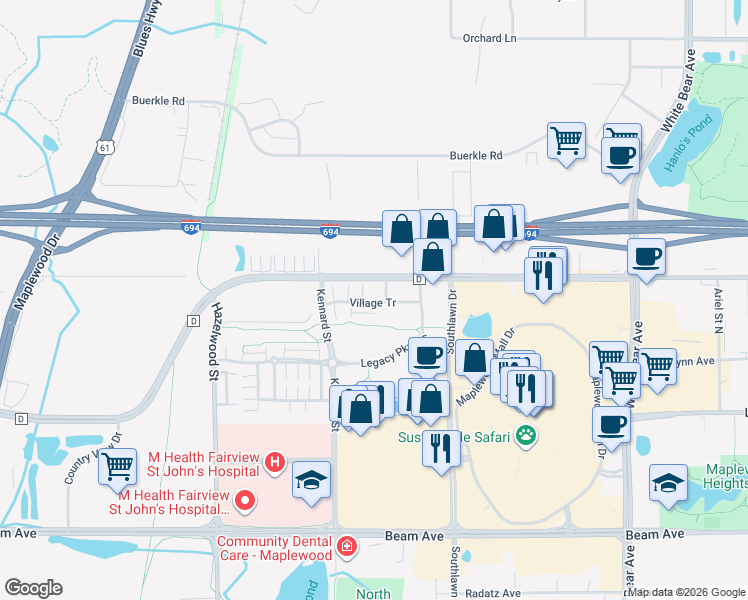 map of restaurants, bars, coffee shops, grocery stores, and more near 1750 Village Tr in Maplewood
