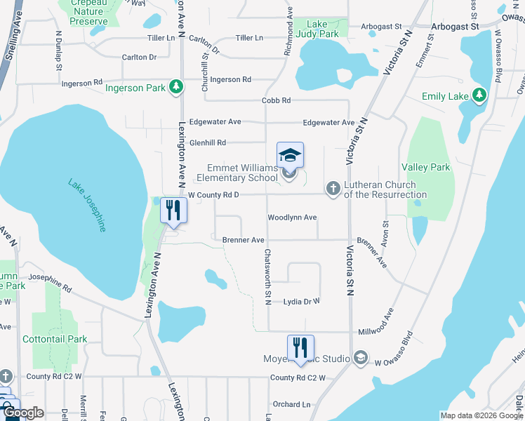 map of restaurants, bars, coffee shops, grocery stores, and more near 3081 Chatsworth Street North in Roseville