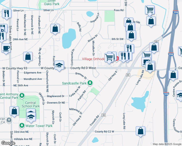 map of restaurants, bars, coffee shops, grocery stores, and more near 2453 Brenner Street in Roseville