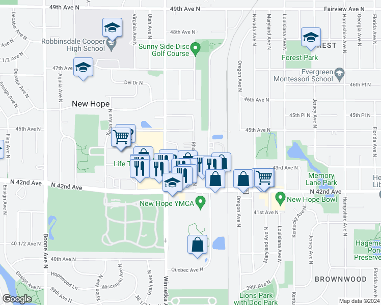 map of restaurants, bars, coffee shops, grocery stores, and more near 4215 Rhode Island Avenue North in New Hope