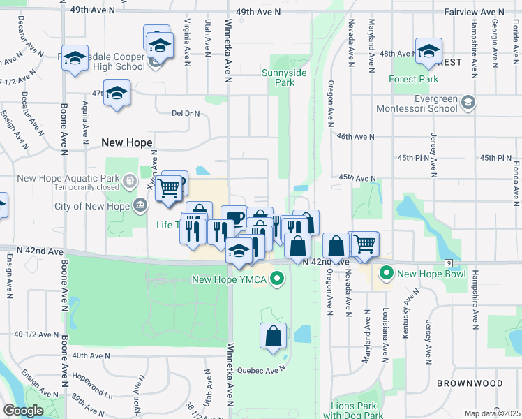 map of restaurants, bars, coffee shops, grocery stores, and more near 4215 Rhode Island Avenue North in New Hope