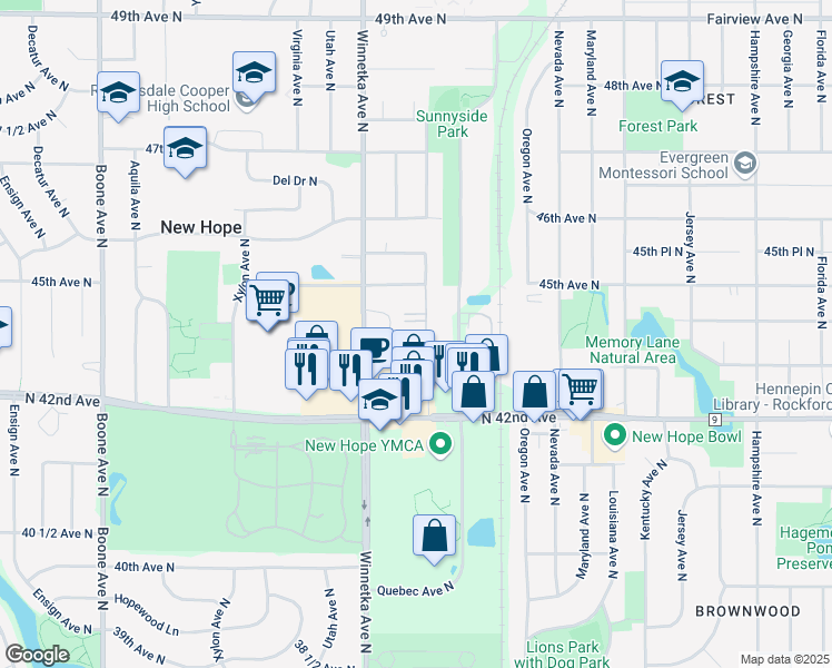 map of restaurants, bars, coffee shops, grocery stores, and more near 4215 Rhode Island Avenue North in Minneapolis