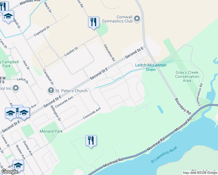 map of restaurants, bars, coffee shops, grocery stores, and more near 2157 Glen Brook Drive in Cornwall