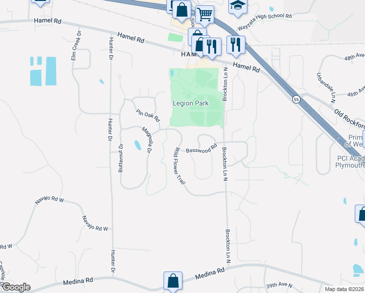 map of restaurants, bars, coffee shops, grocery stores, and more near 3106 Wild Flower Trail in Medina