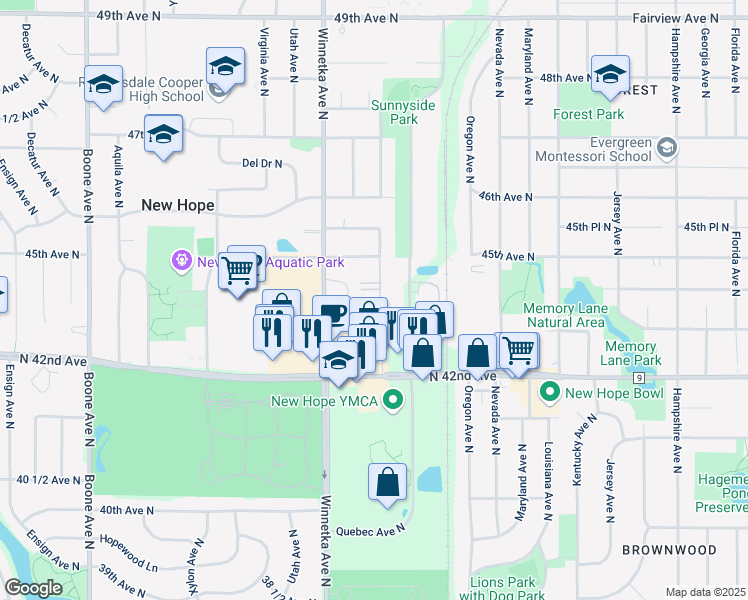 map of restaurants, bars, coffee shops, grocery stores, and more near 4215 Rhode Island Avenue North in New Hope
