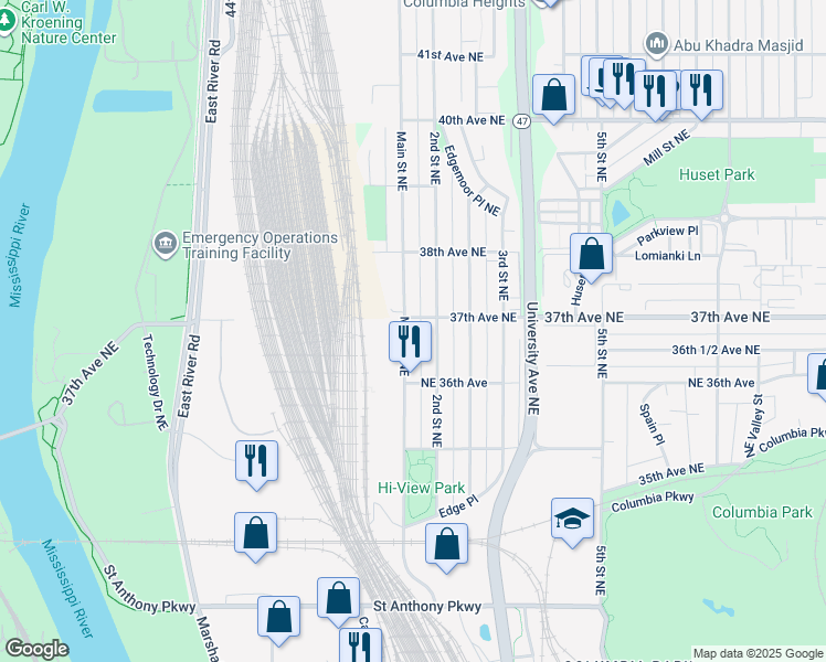 map of restaurants, bars, coffee shops, grocery stores, and more near 3651 Main Street Northeast in Minneapolis