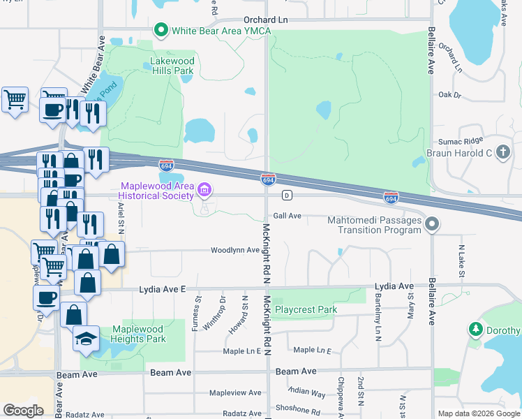 map of restaurants, bars, coffee shops, grocery stores, and more near 3095 McKnight Road North in Maplewood