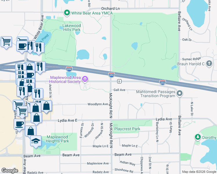 map of restaurants, bars, coffee shops, grocery stores, and more near 3095 McKnight Road North in Maplewood