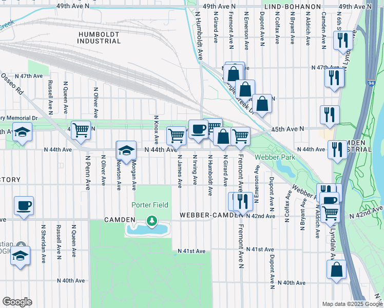 map of restaurants, bars, coffee shops, grocery stores, and more near 4339 North Irving Avenue in Minneapolis