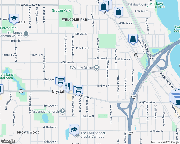 map of restaurants, bars, coffee shops, grocery stores, and more near 4336 Zane Avenue North in Minneapolis