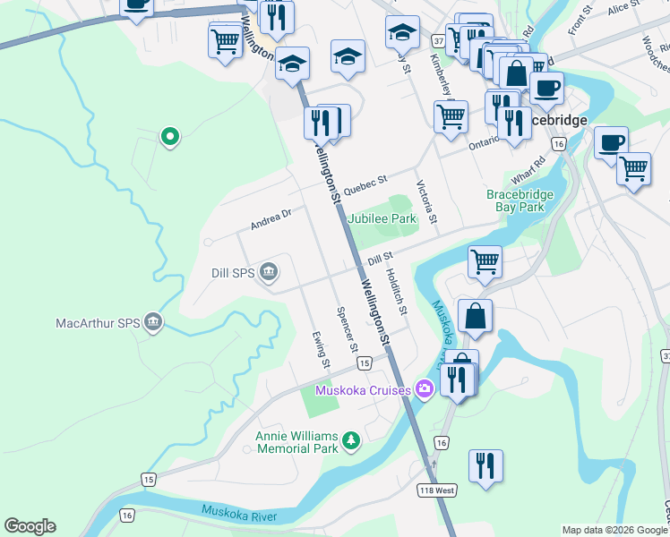 map of restaurants, bars, coffee shops, grocery stores, and more near 221 Dill Street in Bracebridge