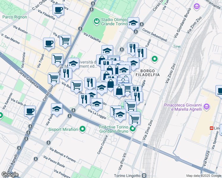 map of restaurants, bars, coffee shops, grocery stores, and more near 12 Via Arnaldo da Brescia in Torino
