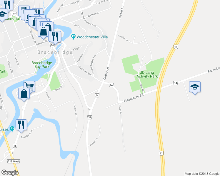map of restaurants, bars, coffee shops, grocery stores, and more near 224 Fraserburg Road in Bracebridge