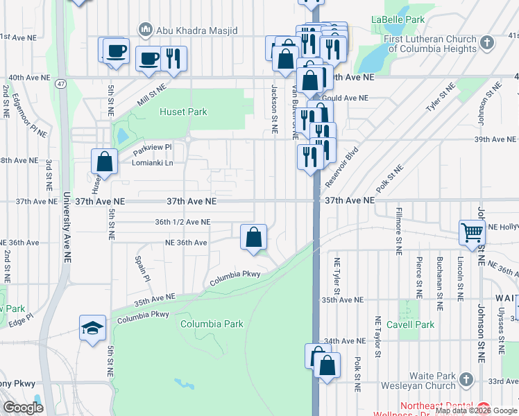 map of restaurants, bars, coffee shops, grocery stores, and more near 3705 Quincy Street Northeast in Minneapolis