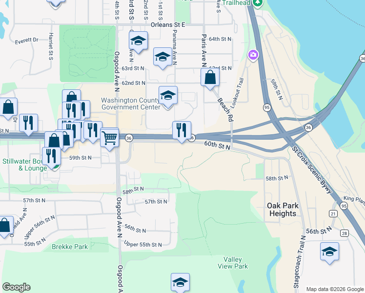 map of restaurants, bars, coffee shops, grocery stores, and more near 15021 60th Street North in Stillwater
