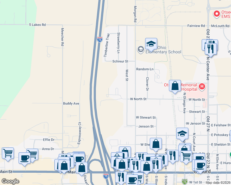 map of restaurants, bars, coffee shops, grocery stores, and more near 884 Northmeadow Drive in Gaylord