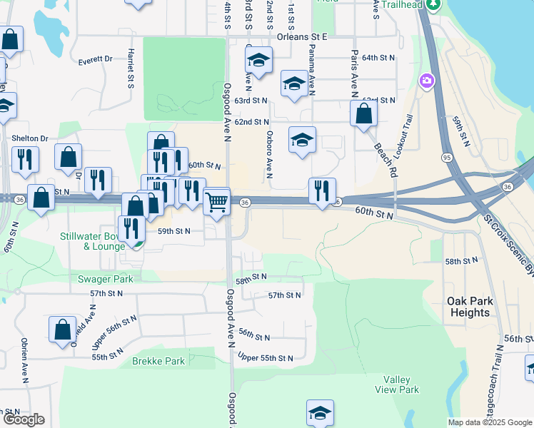 map of restaurants, bars, coffee shops, grocery stores, and more near 14884 60th Street North in Stillwater