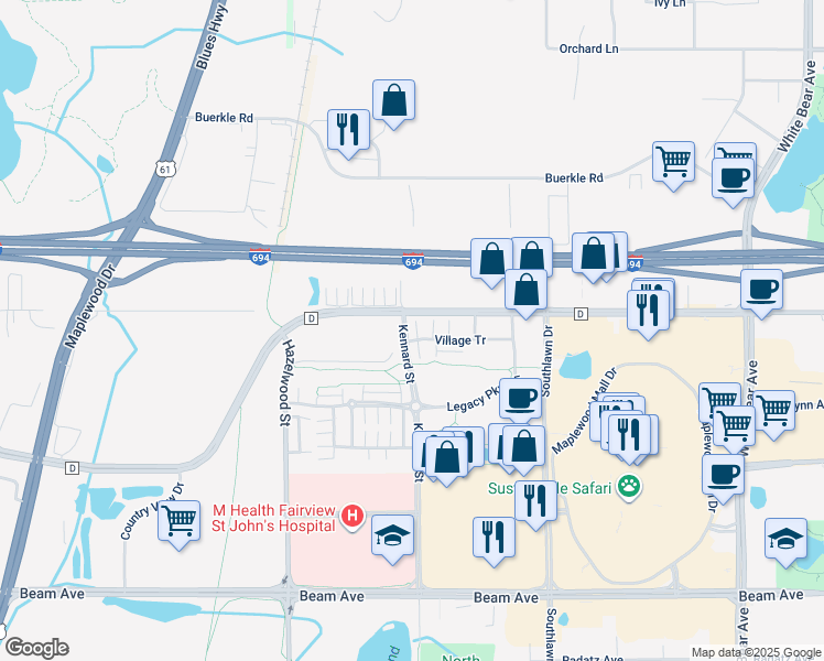 map of restaurants, bars, coffee shops, grocery stores, and more near 1613 County Road D East in Maplewood