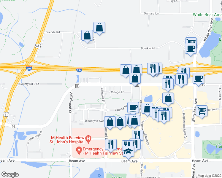 map of restaurants, bars, coffee shops, grocery stores, and more near 1695 County Road D in Maplewood