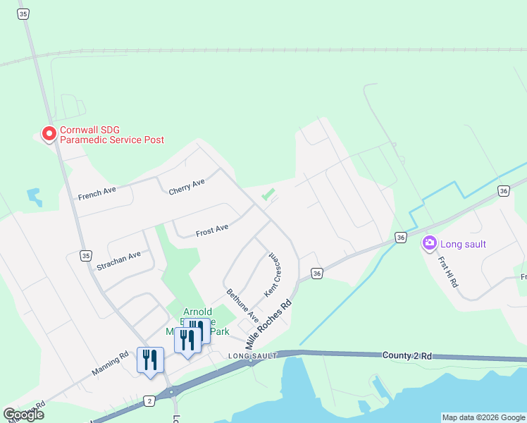 map of restaurants, bars, coffee shops, grocery stores, and more near 86 Mille Roches Road in South Stormont