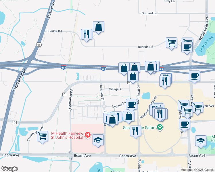 map of restaurants, bars, coffee shops, grocery stores, and more near 1675 Village Trail East in Maplewood