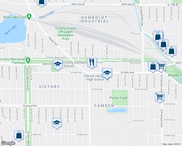 map of restaurants, bars, coffee shops, grocery stores, and more near 4418 Oliver Avenue North in Minneapolis