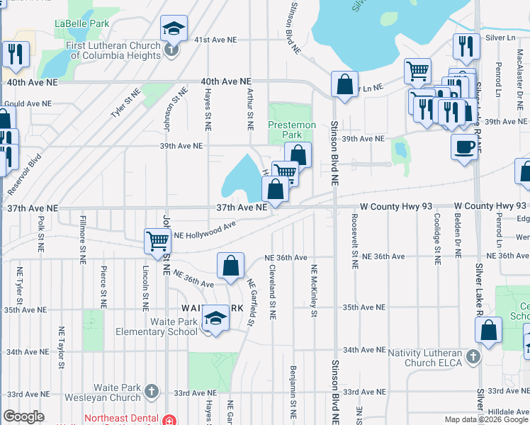 map of restaurants, bars, coffee shops, grocery stores, and more near 1820 37th Avenue Northeast in Minneapolis