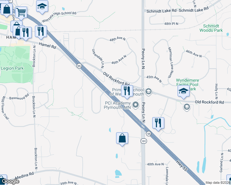 map of restaurants, bars, coffee shops, grocery stores, and more near 18220 Olson Memorial Highway in Plymouth